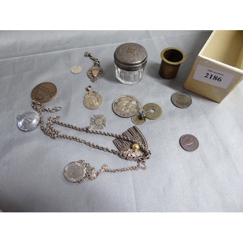 2186 - Small Box - Coins, Medallion, Inkwell etc.