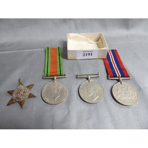 2191 - Two 39-45 Defence Medals, One 39-45 Medal & Burma Star (no names on any medals).