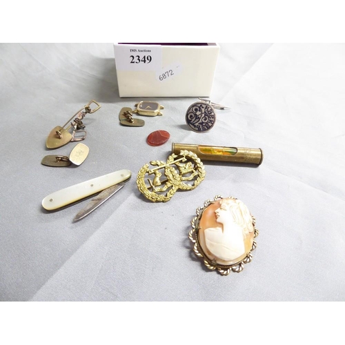 2349 - Box - Military Badges, Cufflinks, Small Spirit Level, Cameo Brooch etc.