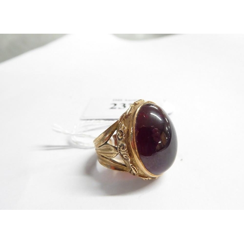 2370 - 14ct Rose Gold Dark Cherry Amber Cabuchon Dress Ring the mount decorated with a continuous band of S... 