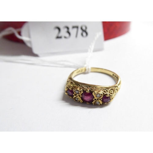 2378 - 18ct Yellow Gold Ruby & Diamond Chip Dress Ring, size UK K, weighing approx 3.7g