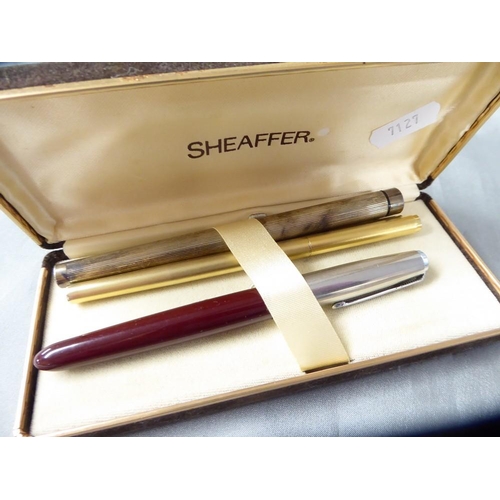 2388 - Silver Cased Shaeffer Fountain Pen, Vintage Parker Red & Steel Fountain Pen & Gold Plated Ballpoint ... 