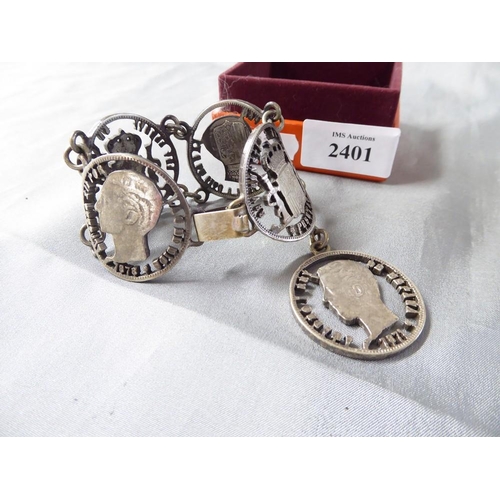 2401 - Antique Spanish Silver Fret Cut Coin Bracelet - Various Crests & Monarchs, approx 88g.