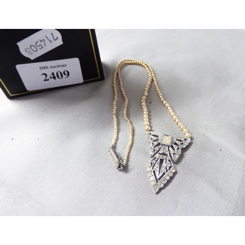 2409 - Deco Silver Paste Pendant on Integral Seed Pearl Necklace