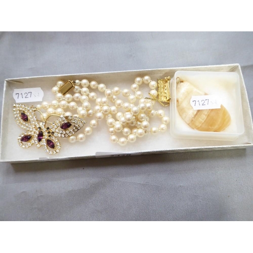 2428 - Costume Brooch, Alabaster Pendant & Simulated Pearl Necklace.