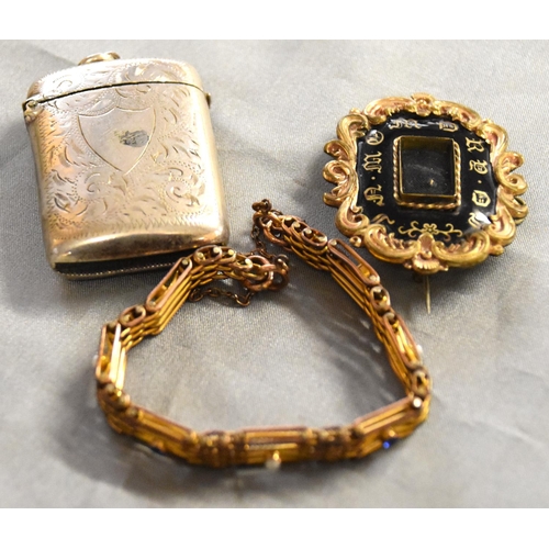 2446 - Gold Plated Jewelled Bracelet, Mourning Brooch & EP Vesta Case.