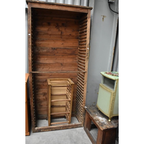 3027 - Large Vintage Pine Printers  Cabinet, Smaller Pine Cabinet , Pine Table and a Wicker Pot Cupboard