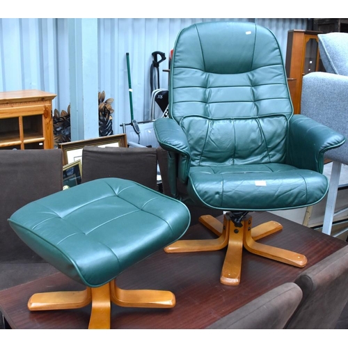 3064 - Green Leather Swivel Chair & Stool