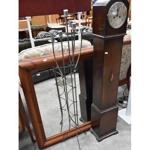 3086 - Oak Grandmother Clock, Pine Framed Mirror & Candle Stand