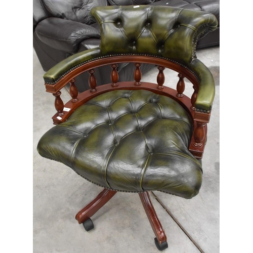 3088 - Green Leather Button Back Swivel Captain's Chair