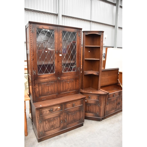 3103 - Oak Linen Fold Bookcase on Base, Corner Cabinet & Stereo Unit