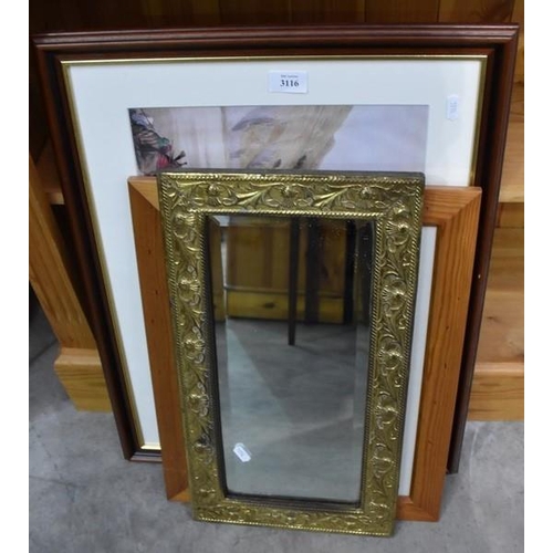 3116 - Brass Framed Wall Mirror & Assorted Pictures