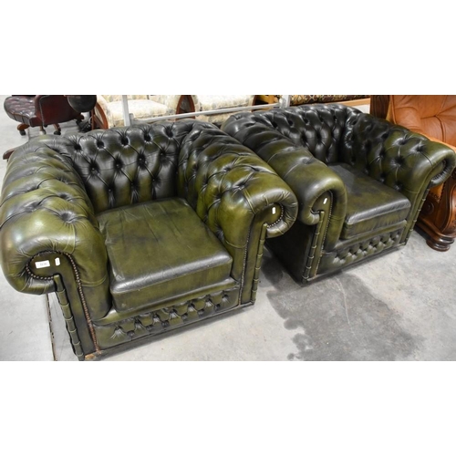 3128 - Pair of Green Leather Chesterfield Style Armchairs