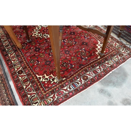 3165 - Antique Wool Geometric Rug on Red Ground 105cm x 154cm