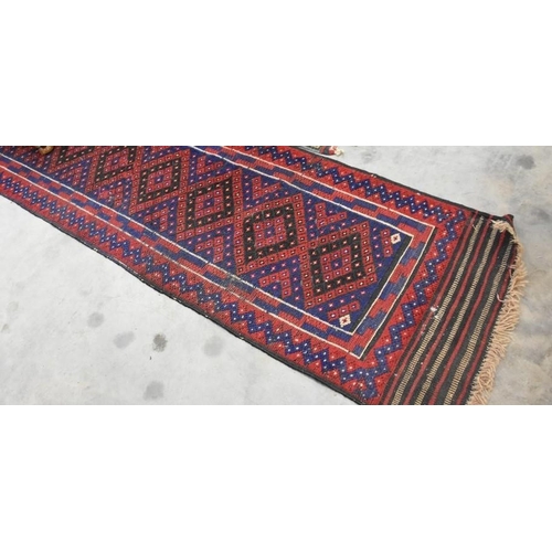 3169 - Antique Wool Fringed & Border Runner Rug on Red Ground 256cm x 60cm