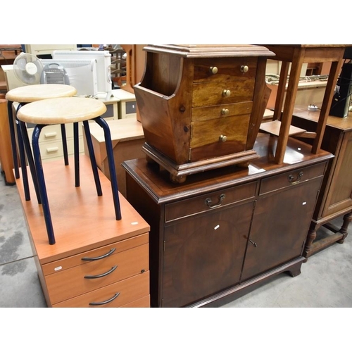 3196 - Mahogany Sideboard, Filing Cabinet, 2 Stools, Magazine Rack & Occasional Table