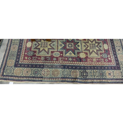 3219 - Bordered  Geometric Wool Rug on Red & Blue Ground 166cm x 97cm