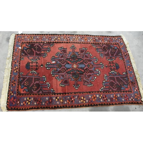 3220 - Fringed & Bordered Geometric Rug on Red Ground 124cm x 80cm