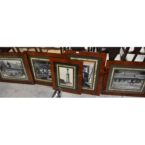 3293 - Five Burr Walnut Framed Pictures, Oil Exploration Scenes