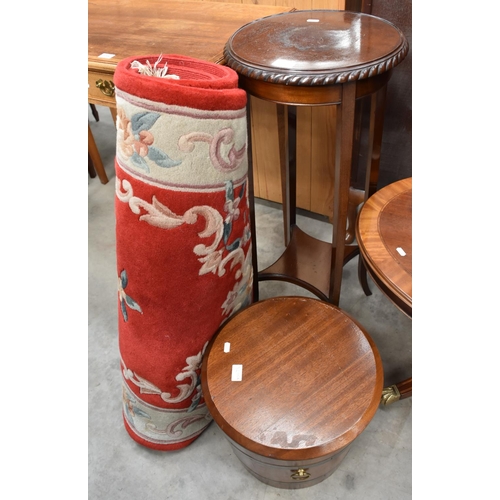 3295A - Chinese Rug, Plant Stand, Barrel Coal Box, Coffee Table and Sofa Table