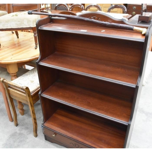 3314 - Mahogany Bookcase, Piano Stool and Brass Top Walking Stick