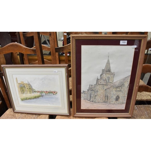 3324 - Watercolour by John F Raith, Perth Bridge and Watercolour of Saints Johns Kirk