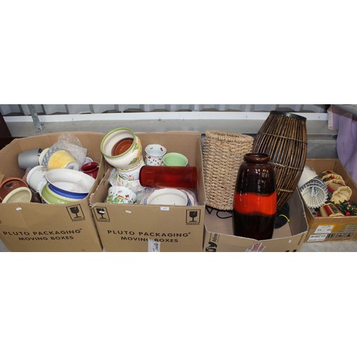 3071 - 4 Boxes - West German Vase, Salt Jar, Assorted Plant Pots, Seagrass Bin & Bamboo Stick Stand