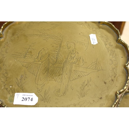 2074 - Two Circular Engraved Chinese Brass Trays.