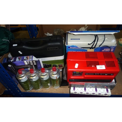 215 - Camping Stove, Spare Gas, Battery Charger, Paper Shredder, etc