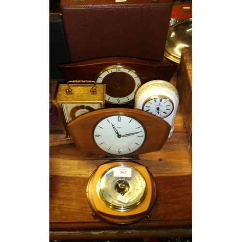 507 - Four Assorted Mantle Clocks and a Barometer