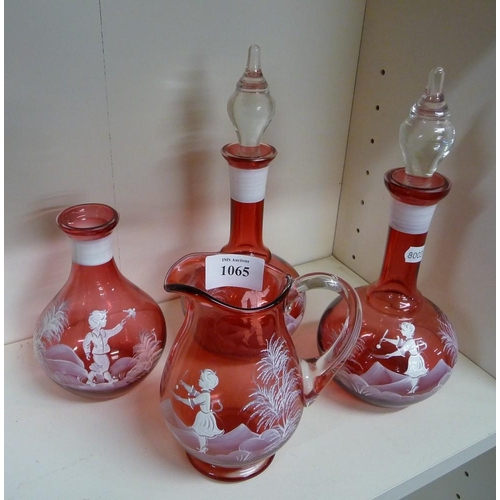 1065 - Three Mary Gregory Style Decanters (one missing Stopper) &  Similar Jug.