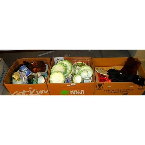 1267 - Three Boxes - Part Tea Sets, Fur Gloves, Glassware etc.