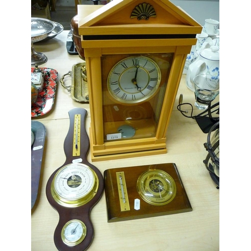 1275 - Modern Pine Framed Mantel Clock & Two Mahogany Barometers.