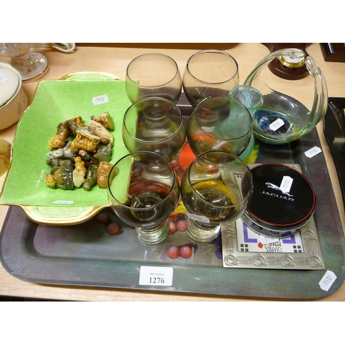 1276 - Tray Lot - Art Glass, Drinking Glasses, Wade Whimsies etc.