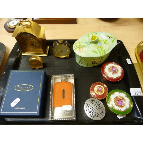 1277 - Tray Lot - Hip Flask, Clocks, Beswick Dish etc.