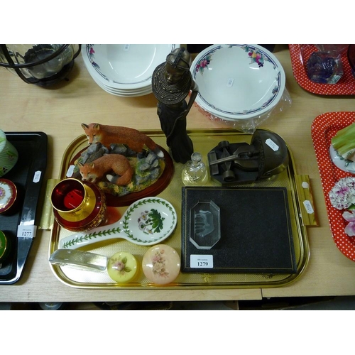 1279 - Tray Lot - Border Fine Art Fox Ornament, Glass Paperweights, Cased Set of Butter Knives.