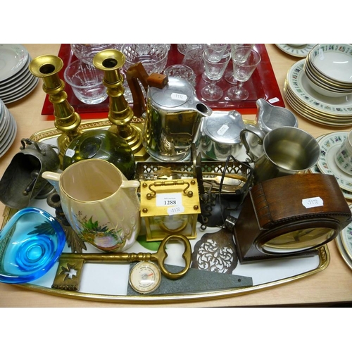 1288 - Tray Lot - Mantel Clocks, Brass Candlesticks, Glass Float etc.