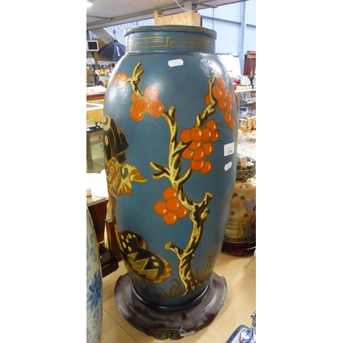1296 - Large Deco Period Oriental Vase on Wooden Stand approx 59cm tall.
