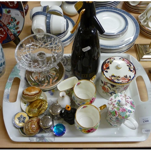 1300 - Tray Lot - Masons Lidded Jar, Soda Syphon, Ornamental Eggs etc.