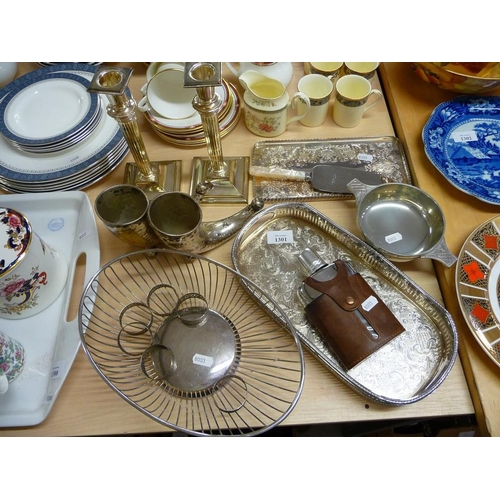 1301 - Pair of Plated Candlesticks, Horn Vases, Napkin Rings etc.
