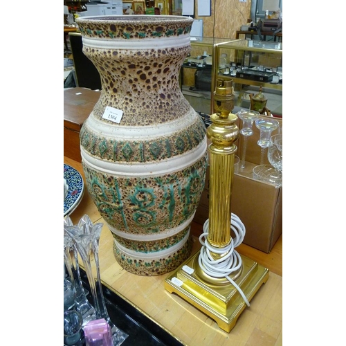 1304 - Large West German Pottery Vase approx 50cm tall & a Brass Table Lamp Base.