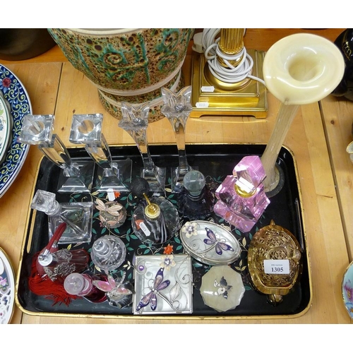 1305 - Tray Lot - Glass Candlesticks, Perfume Bottles, Trinket Boxes etc.