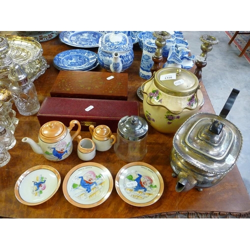 1310 - Plated Teapot, Biscuit Barrel, Inlaid Box etc.