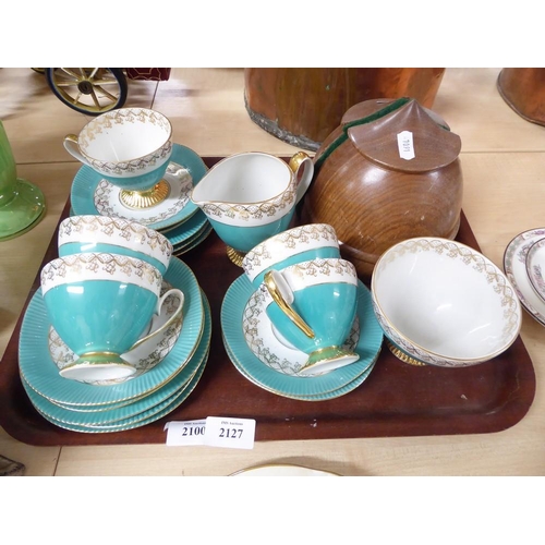 2127 - Tray Lot - Continental Porcelain Teaset & Treen Bookends.