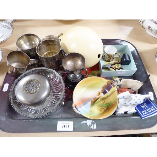 2131 - Tray Lot - Ostrich Egg, Silverplated Trophy, Noritake Dish etc.