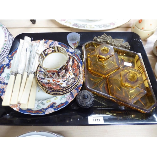 2133 - Tray Lot - Royal Crown Derby Saucers & One Cup, Vintage Flatware, Dressing Table Set etc.