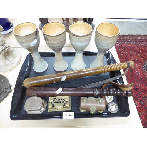 2136 - Tray Lot - Stamp Box, Silver Inkwell (AF), Two Batons / Truncheons etc.