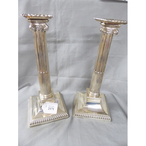 2171 - Pair of Classical Sheffield Silver Ionic Column Candlesticks, supported on semi-fluted bases, approx... 