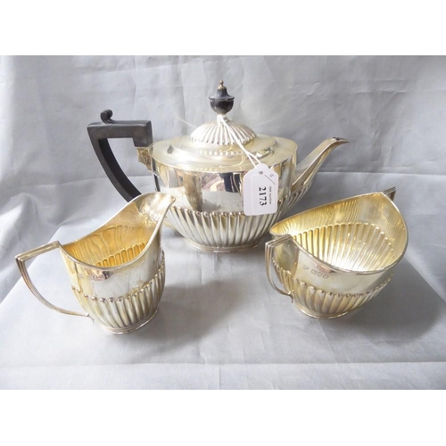 2173 - Semi Fluted London Silver Three Piece Tea Service, approx 900g total weight.