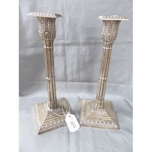 2177 - Pair of Victorian Silver Cluster Column Candlesticks, acanthus decorated, supported on stepped bases... 